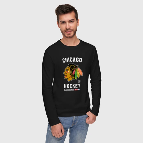 Мужской лонгслив хлопок с принтом Chicago Blackhawks team NHL, фото на моделе #1