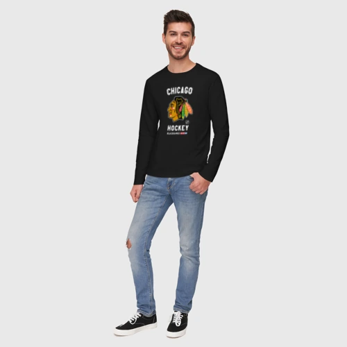 Мужской лонгслив хлопок с принтом Chicago Blackhawks team NHL, вид сбоку #3