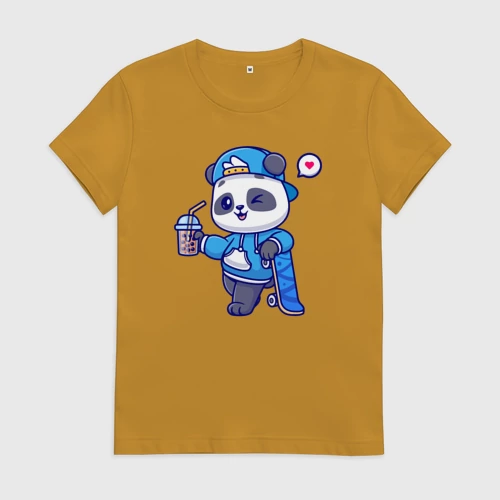 Женская футболка хлопок с принтом Скейтер панда, вид спереди #2