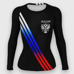 Женский рашгард 3D Герб и полосы с цветами флага России на чёрном