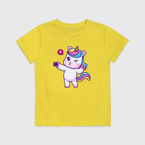 Детская футболка хлопок с принтом Селфи единорога, вид спереди #2