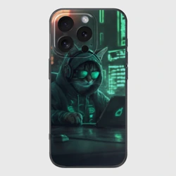 Чехол для iPhone 16 Pro силиконовый с защитой камеры Кот хакер за ноутом