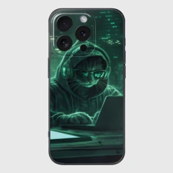 Чехол для iPhone 16 Pro силиконовый с защитой камеры Кот хакер в худи за ноутбуком 