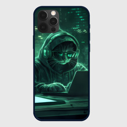 Чехол для iPhone 12 Pro Max Кот хакер в худи за ноутбуком 