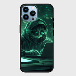 Чехол для iPhone 14 Pro Max Кот хакер в худи за ноутбуком