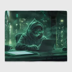 Плед 3D Кот хакер в худи за ноутбуком 