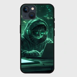Чехол для iPhone 14 Кот хакер в худи за ноутбуком
