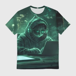 Мужская футболка 3D Кот хакер в худи за ноутбуком 