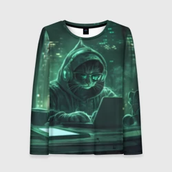 Женский лонгслив 3D Кот хакер в худи за ноутбуком 