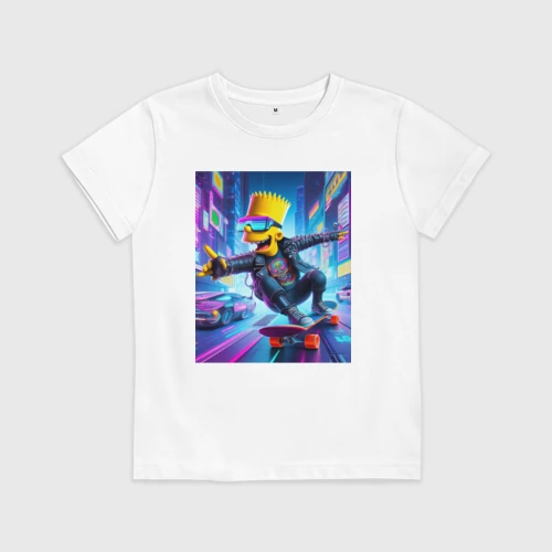 Детская футболка хлопок с принтом Барт Симпсон на скейтборде - нейроарт, вид спереди #2