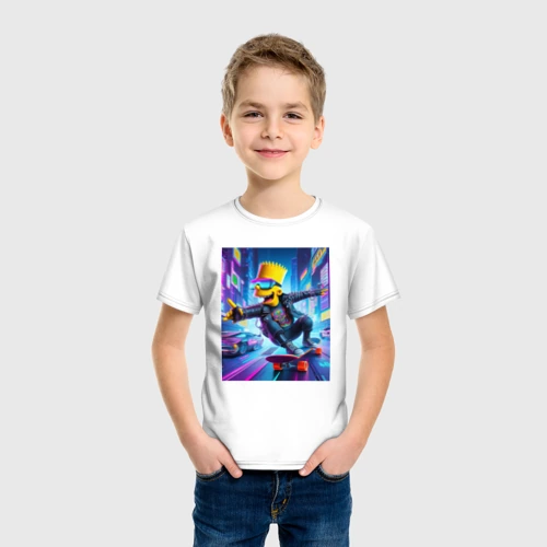 Детская футболка хлопок с принтом Барт Симпсон на скейтборде - нейроарт, вид сбоку #3