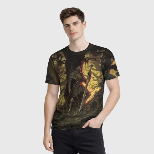Мужская футболка 3D с принтом Рыцарь в сумеречном лесу, фото на моделе #1