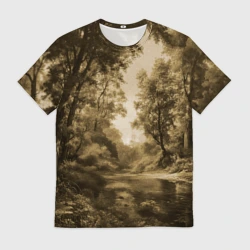 Мужская футболка 3D Старинная иллюстрация лесного пейзажа 
