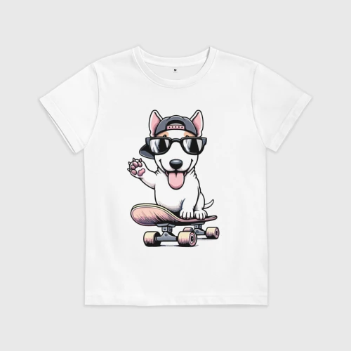 Детская футболка хлопок с принтом Прикольный бультерьер на скейтборде, вид спереди #2