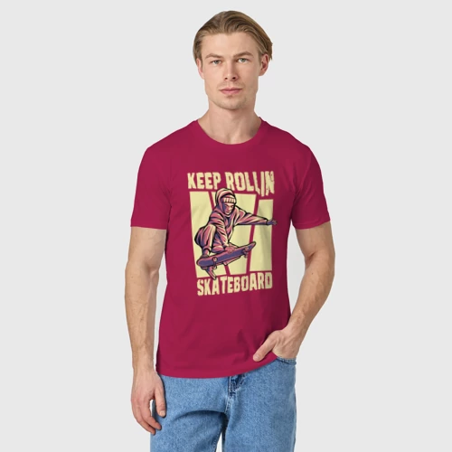Мужская футболка хлопок с принтом Keep Rollin, скейтборд, фото на моделе #1
