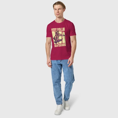 Мужская футболка хлопок с принтом Keep Rollin, скейтборд, вид сбоку #3