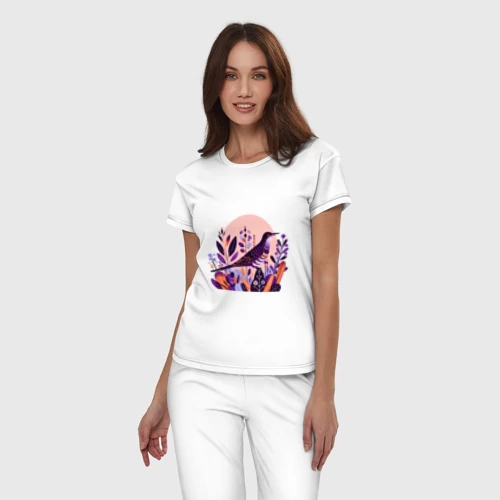 Женская пижама хлопок с принтом Кукушка в растениях, фото на моделе #1