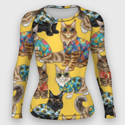 Женский рашгард 3D Коты курортники  мейн-куны на желтом фоне