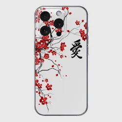 Чехол для iPhone 15 Pro силиконовый с защитой камеры Сакура с иероглифом Любовь