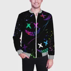 Мужской бомбер 3D Неновые краски - лица крипи смайл - фото 2