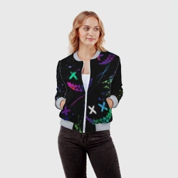Женский бомбер 3D Неновые краски - лица крипи смайл - фото 2