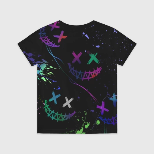 Детская футболка 3D с принтом Неновые краски - лица крипи смайл, вид сзади #1