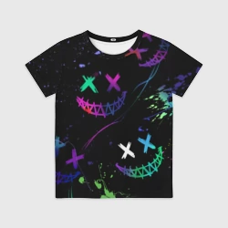 Детская футболка 3D Неновые краски - лица крипи смайл