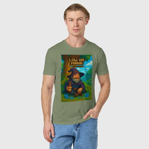Мужская футболка хлопок с принтом Low on mana - маг отдыхает, фото на моделе #1