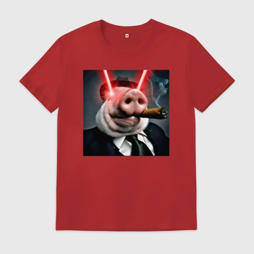 Мужская футболка хлопок с принтом Свинья гангстер жестко стреляет лазерами из глаз, вид спереди #2