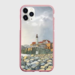 Чехол для iPhone 11 Pro Max матовый Маяк и камни на пляже - акварельный рисунок