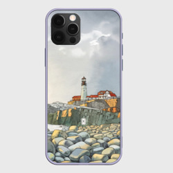 Чехол для iPhone 12 Pro Маяк и камни на пляже - акварельный рисунок