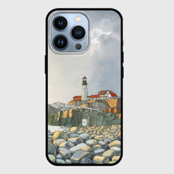 Чехол для iPhone 13 Pro Маяк и камни на пляже - акварельный рисунок