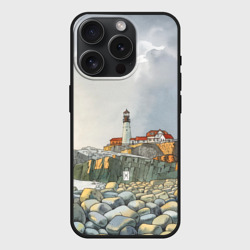 Чехол силиконовый для Apple iPhone 15 Pro матовый Маяк и камни на пляже - акварельный рисунок