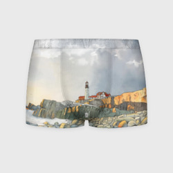 Мужские трусы 3D Маяк и камни на пляже - акварельный рисунок