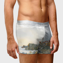 Мужские трусы 3D Маяк и камни на пляже - акварельный рисунок - фото 2