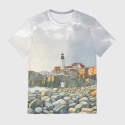 Мужская футболка 3D Маяк и камни на пляже - акварельный рисунок