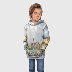 Детская толстовка 3D Маяк и камни на пляже - акварельный рисунок - фото 2