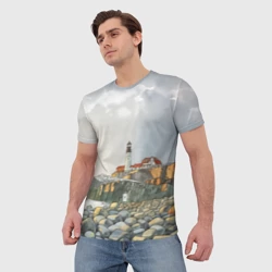 Мужская футболка 3D Маяк и камни на пляже - акварельный рисунок - фото 2