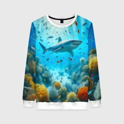 Женский свитшот 3D  Белая акула в коралловом рифе