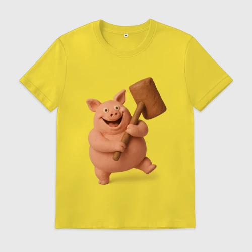 Мужская футболка хлопок с принтом Веселая свинья с кувалдой, вид спереди #2