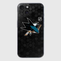Чехол для iPhone 15 силиконовый с защитой камеры Сан Хосе Шаркс - черные соты