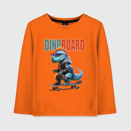 Детский лонгслив хлопок с принтом Cyber Dino is a cool skateboarder, вид спереди #2