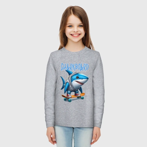 Детский лонгслив хлопок с принтом Акула крутой скейтбордист - нейроарт фантазия, вид сбоку #3