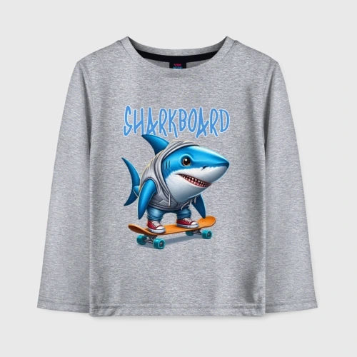 Детский лонгслив хлопок с принтом Акула крутой скейтбордист - нейроарт фантазия, вид спереди #2