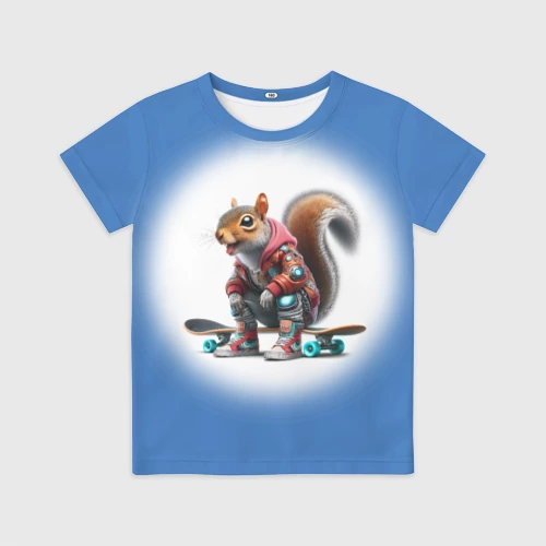 Детская футболка 3D с принтом Squirrel is a cool skateboarder - ai art fantasy, вид спереди #2