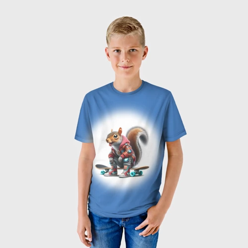 Детская футболка 3D с принтом Squirrel is a cool skateboarder - ai art fantasy, фото на моделе #1
