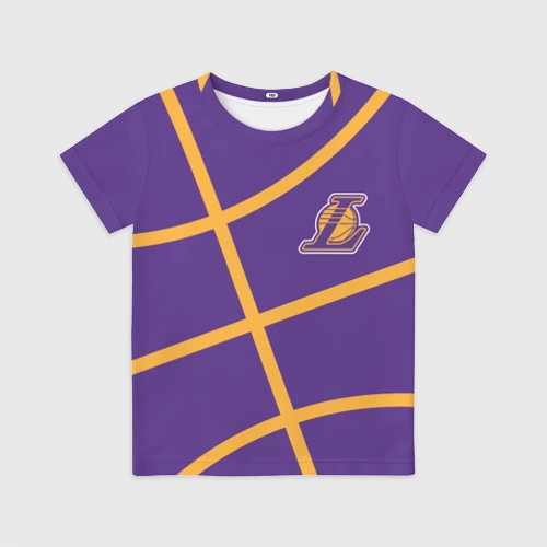 Детская футболка 3D с принтом Лейкерс - текстура фиолетового мяча, вид спереди #2