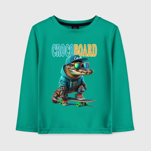 Детский лонгслив хлопок с принтом Крокодильчик крутой скейтбордист, вид спереди #2