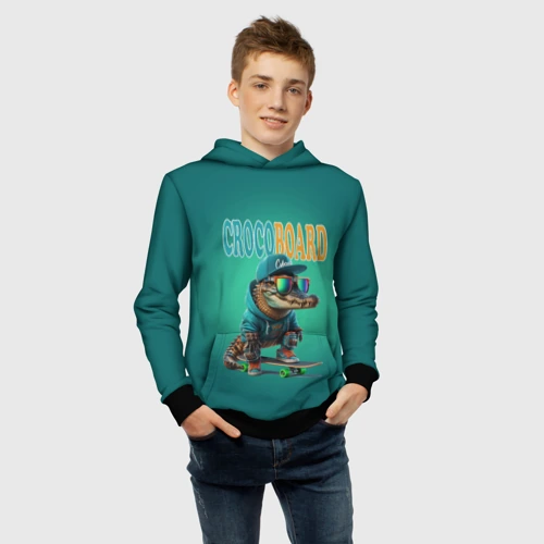 Детская толстовка 3D с принтом Croco cub is a cool skateboarder, фото #4