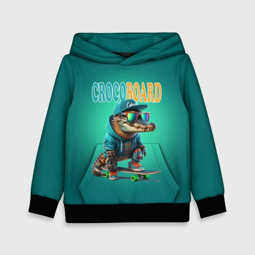 Детская толстовка 3D с принтом Croco cub is a cool skateboarder, вид спереди #2